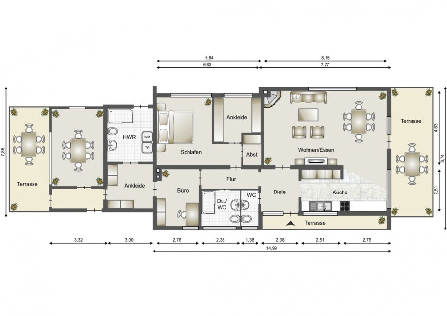 Schematische Darstellung - diese Skizze dient ausschlie�lich der Darstellung der R�ume. Sie sind f�r planerische Zwecke nicht vorgesehen. Es wird keine Gew�hr f�r die Fl�chen und Abmessungen �bernommen. Bungalow Horhausen (Westerwald)
