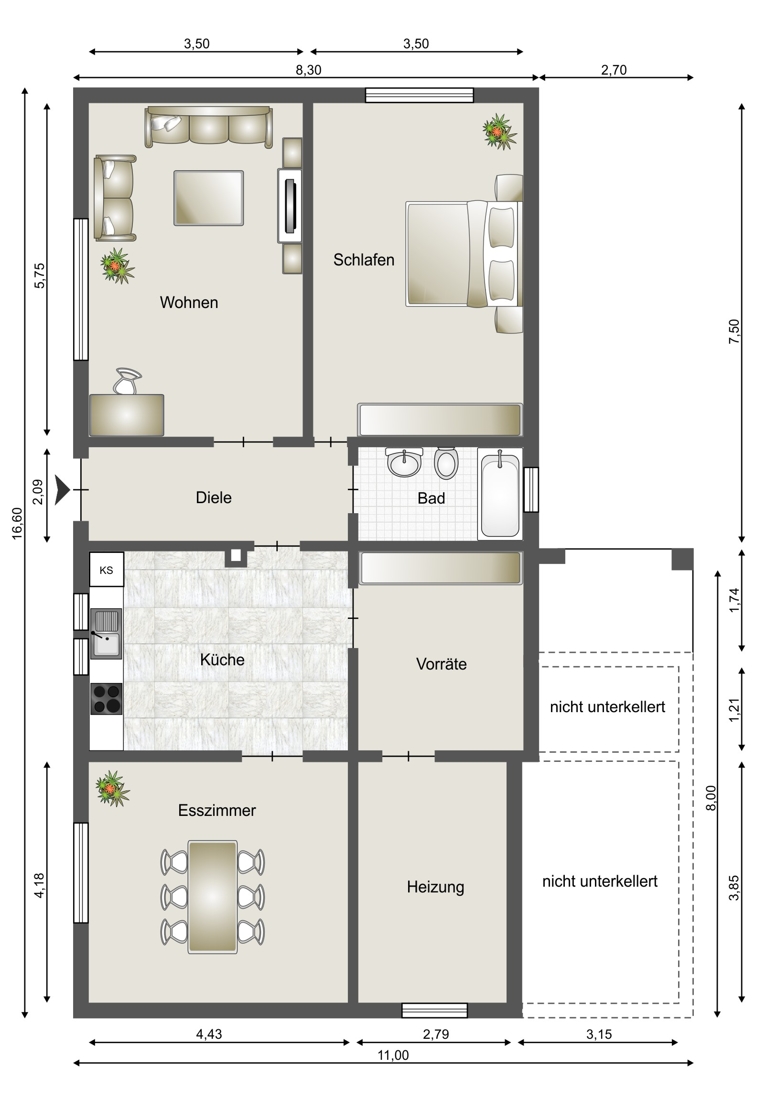 Untergeschoss - Schematische Darstellung - diese Skizze dient ausschlie�lich der Darstellung der R�ume. Sie sind f�r planerische Zwecke nicht vorgesehen. Es wird keine Gew�hr f�r die Fl�chen und Abmessungen �bernommen. Zweifamilienhaus Horhausen (Westerwald)