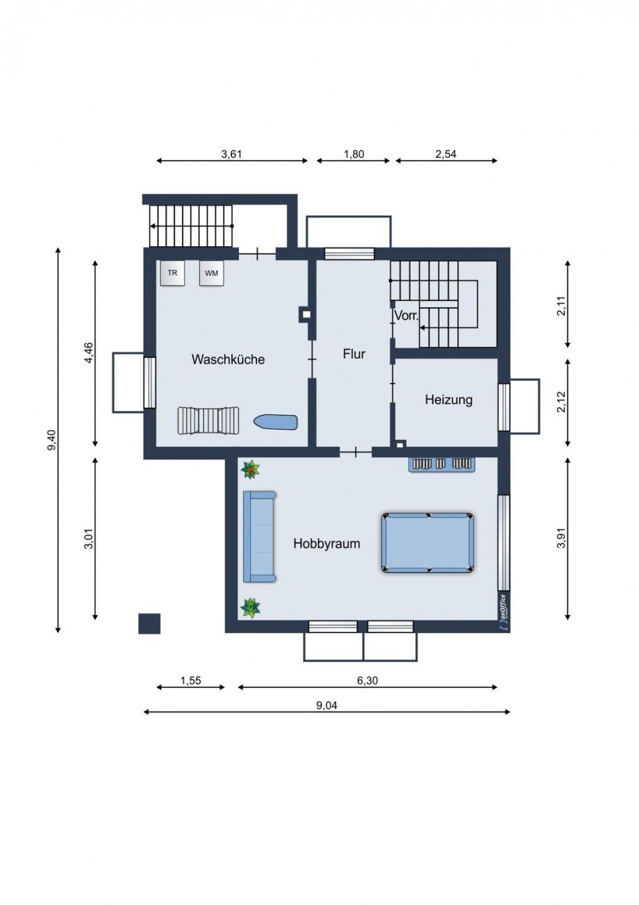 Untergeschoss - Schematische Darstellung - diese Skizze dient ausschlie�lich der Darstellung der R�ume. Sie sind f�r planerische Zwecke nicht vorgesehen. Es wird keine Gew�hr f�r die Fl�chen und Abmessungen �bernommen. Einfamilienhaus Rott