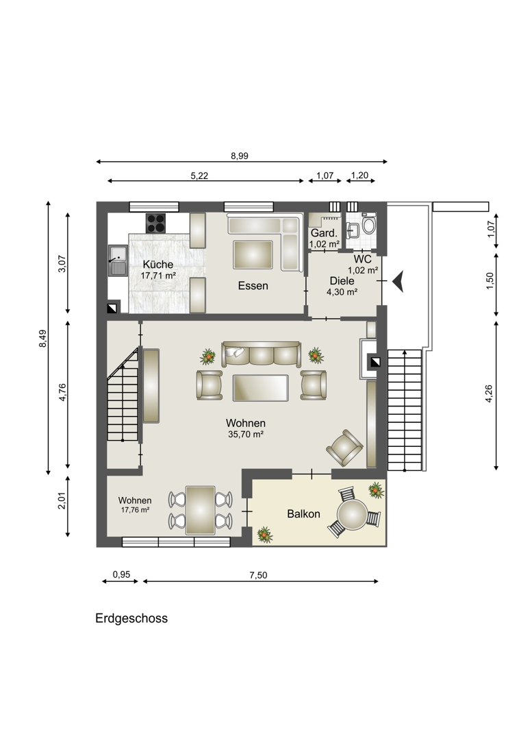 Schematische Darstellung - diese Skizze dient ausschlie�lich der Darstellung der R�ume. Sie sind f�r planerische Zwecke nicht vorgesehen. Es wird keine Gew�hr f�r die Fl�chen und Abmessungen �bernommen. Einfamilienhaus Neuwied / Irlich