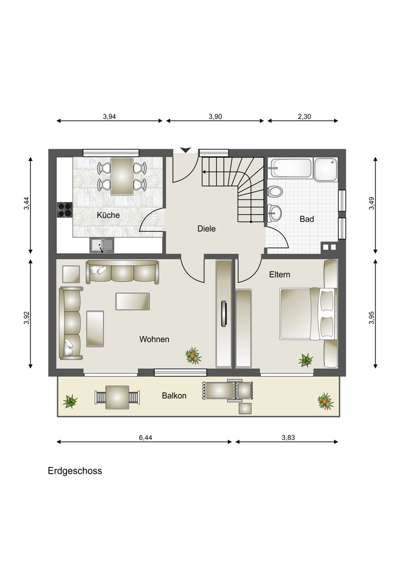 Erdgeschoss - Schematische Darstellung - diese Skizze dient ausschlie�lich der Darstellung der R�ume. Sie sind f�r planerische Zwecke nicht vorgesehen. Es wird keine Gew�hr f�r die Fl�chen und Abmessungen �bernommen. Einfamilienhaus Werlenbach