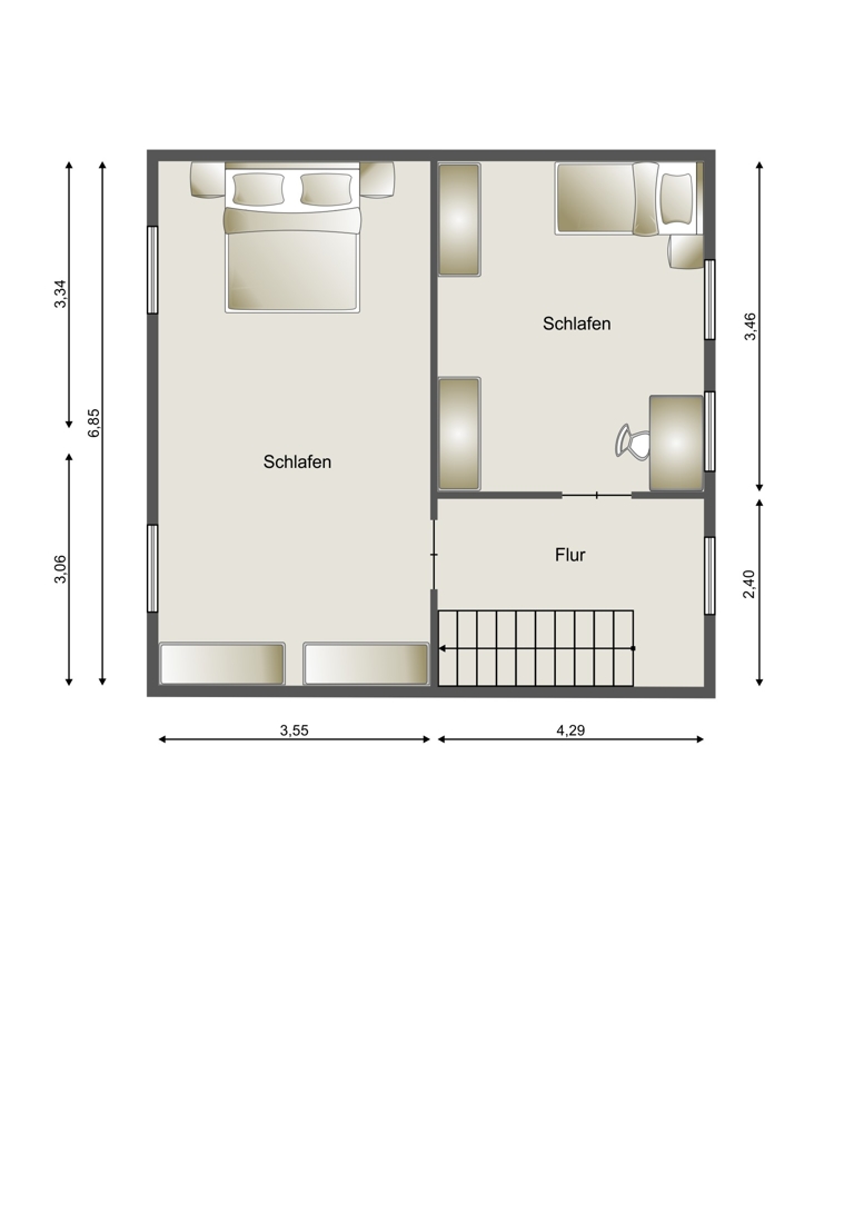Obergeschoss - Schematische Darstellung - diese Skizze dient ausschlie�lich der Darstellung der R�ume. Sie sind f�r planerische Zwecke nicht vorgesehen. Es wird keine Gew�hr f�r die Fl�chen und Abmessungen �bernommen. Einfamilienhaus Oberraden / Niederraden