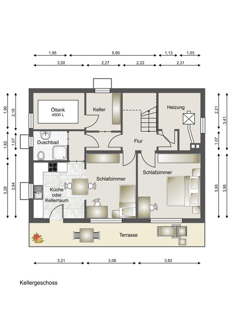 Untergeschoss - Schematische Darstellung - diese Skizze dient ausschlie�lich der Darstellung der R�ume. Sie sind f�r planerische Zwecke nicht vorgesehen. Es wird keine Gew�hr f�r die Fl�chen und Abmessungen �bernommen. Einfamilienhaus Werlenbach